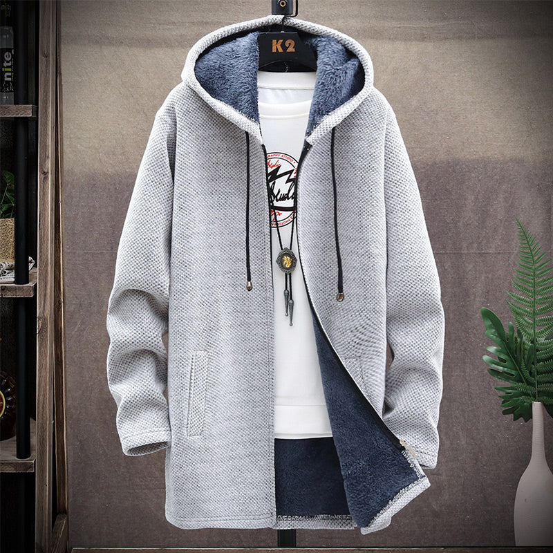 Men's hooded knit jacket with full zipper and lined hood