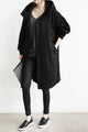 Women's long hooded button front trench coat with elasticated cuffs and front pockets