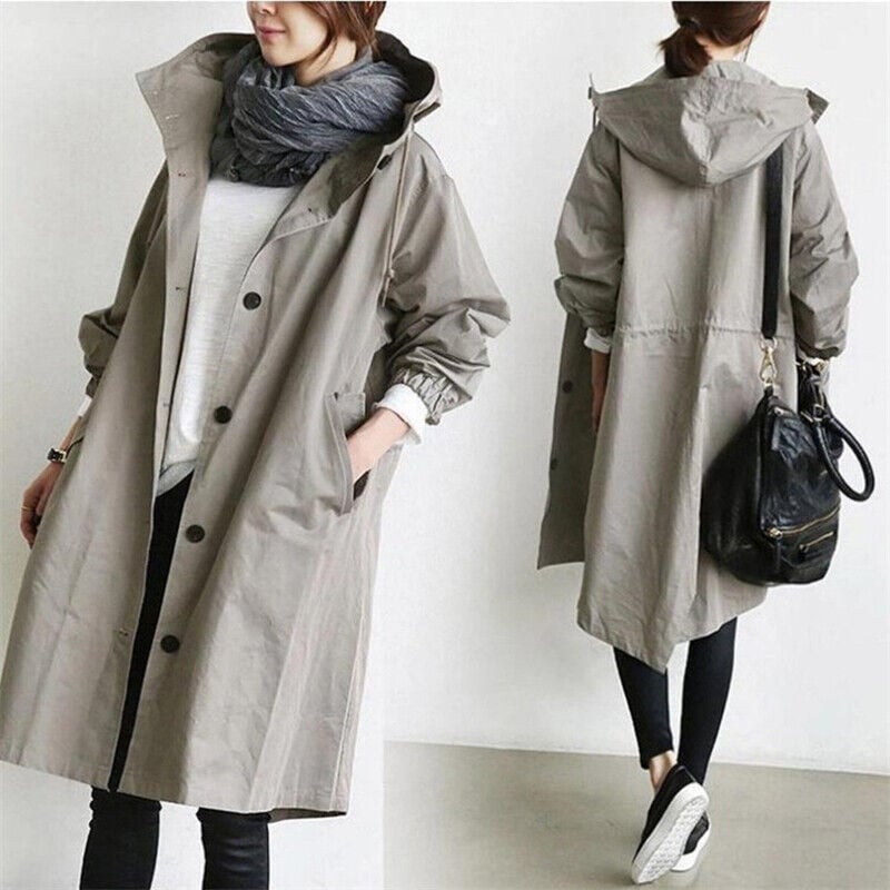 Women's long hooded button front trench coat with elasticated cuffs and front pockets