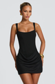 Women's sleeveless square-neck mini dress with a fitted bodice and draped ruched skirt