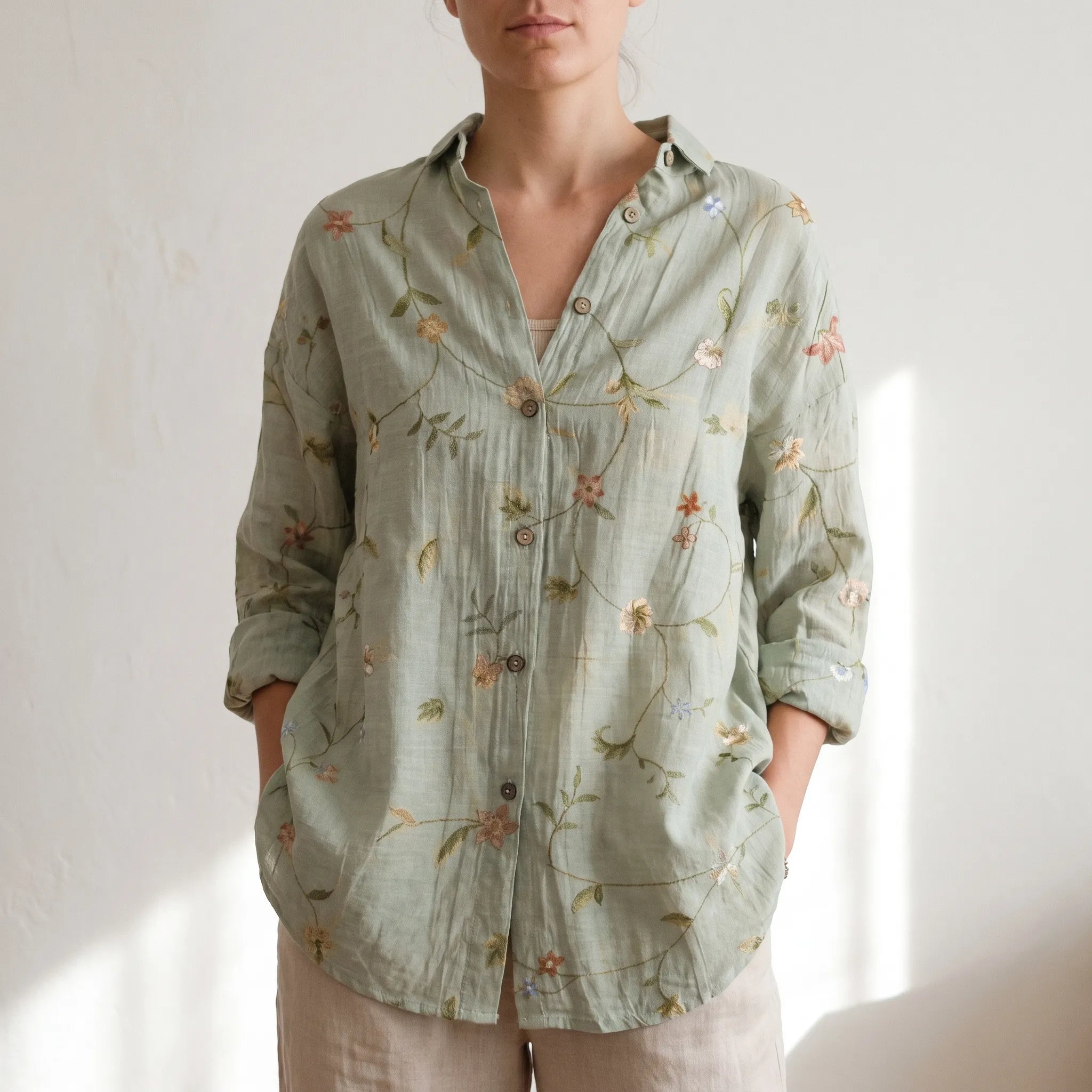 Marivela  - Relaxed Long Sleeve Collared Blouse Casual Daytime Wear
