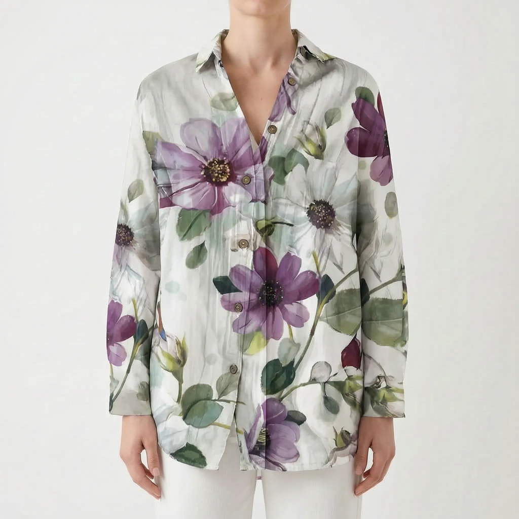 Marivela  - Relaxed Long Sleeve Collared Blouse Casual Daytime Wear