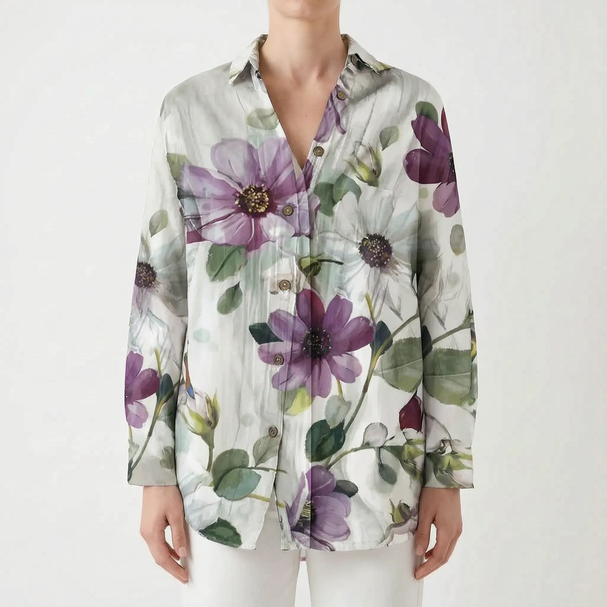 Marivela  - Relaxed Long Sleeve Collared Blouse Casual Daytime Wear