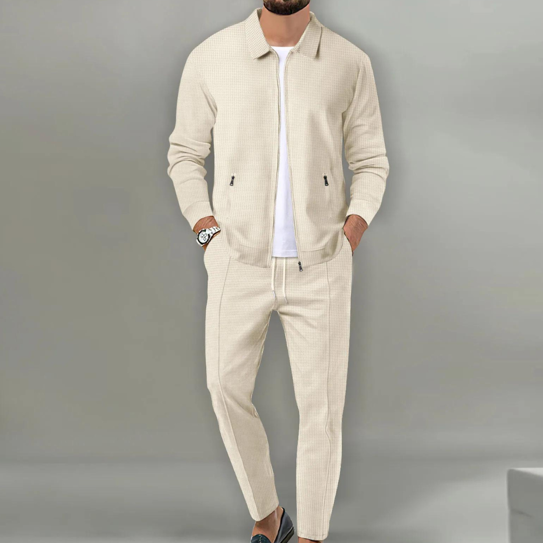 Men's two-piece textured tracksuit set with zip jacket and tapered trousers