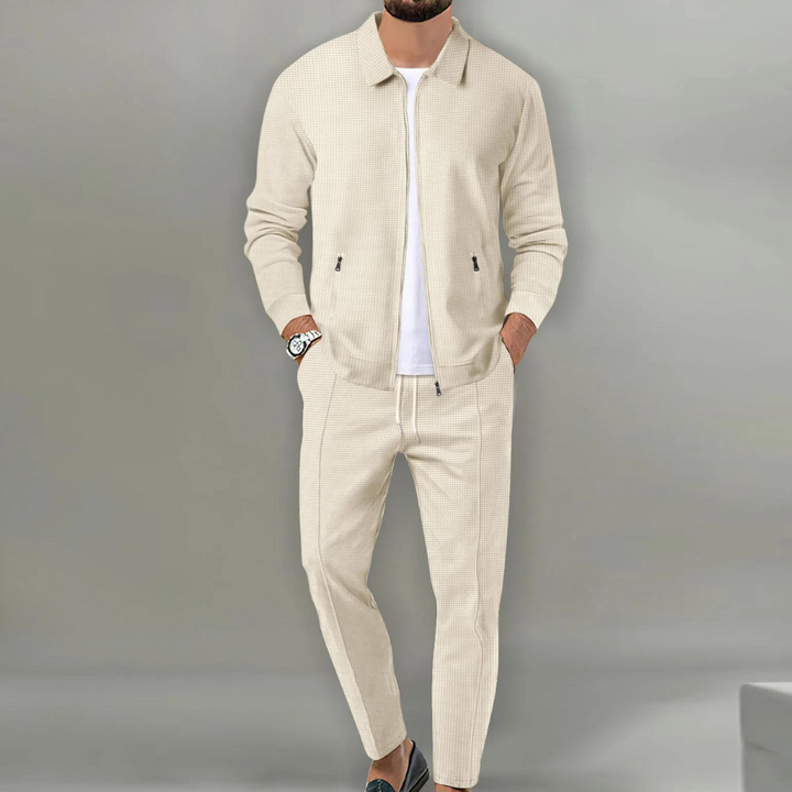 Men's two-piece textured tracksuit set with zip jacket and tapered trousers