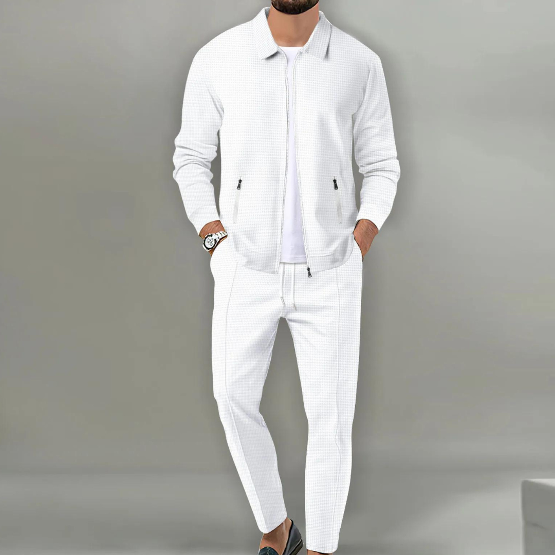 Men's two-piece textured tracksuit set with zip jacket and tapered trousers