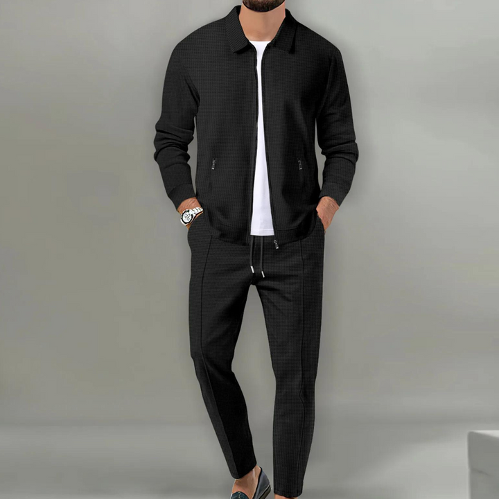 Men's two-piece textured tracksuit set with zip jacket and tapered trousers
