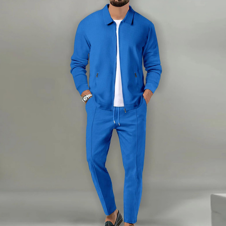 Men's two-piece textured tracksuit set with zip jacket and tapered trousers