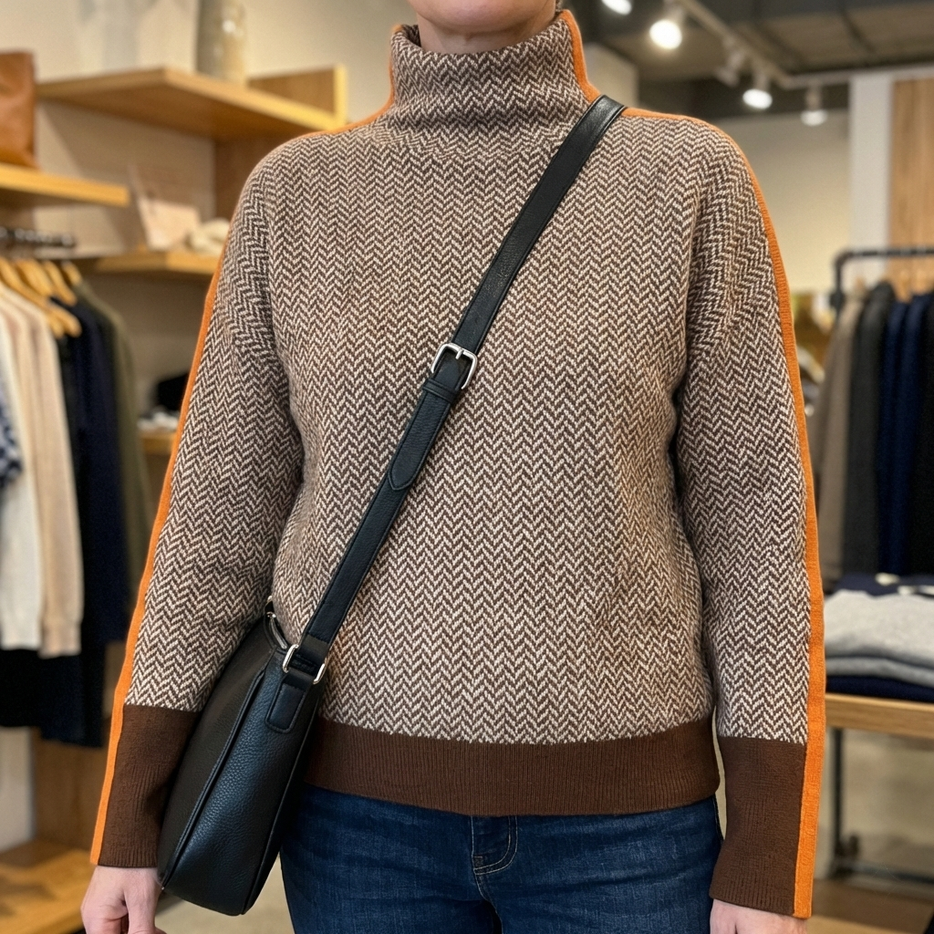 Women's geometric zigzag high neck pullover with long sleeves and contrast trims