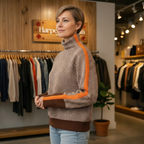 Women's geometric zigzag high neck pullover with long sleeves and contrast trims