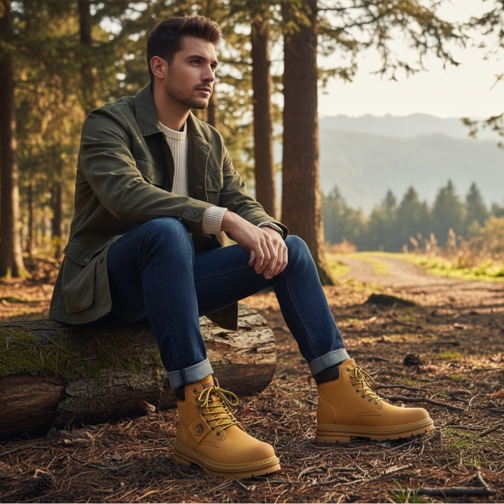 Men's lace-up ankle boots with rounded toes and rugged tread soles
