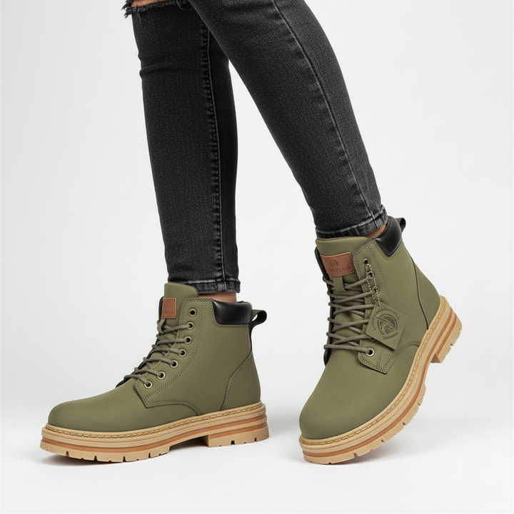 Men's lace-up ankle boots with rounded toes and rugged tread soles