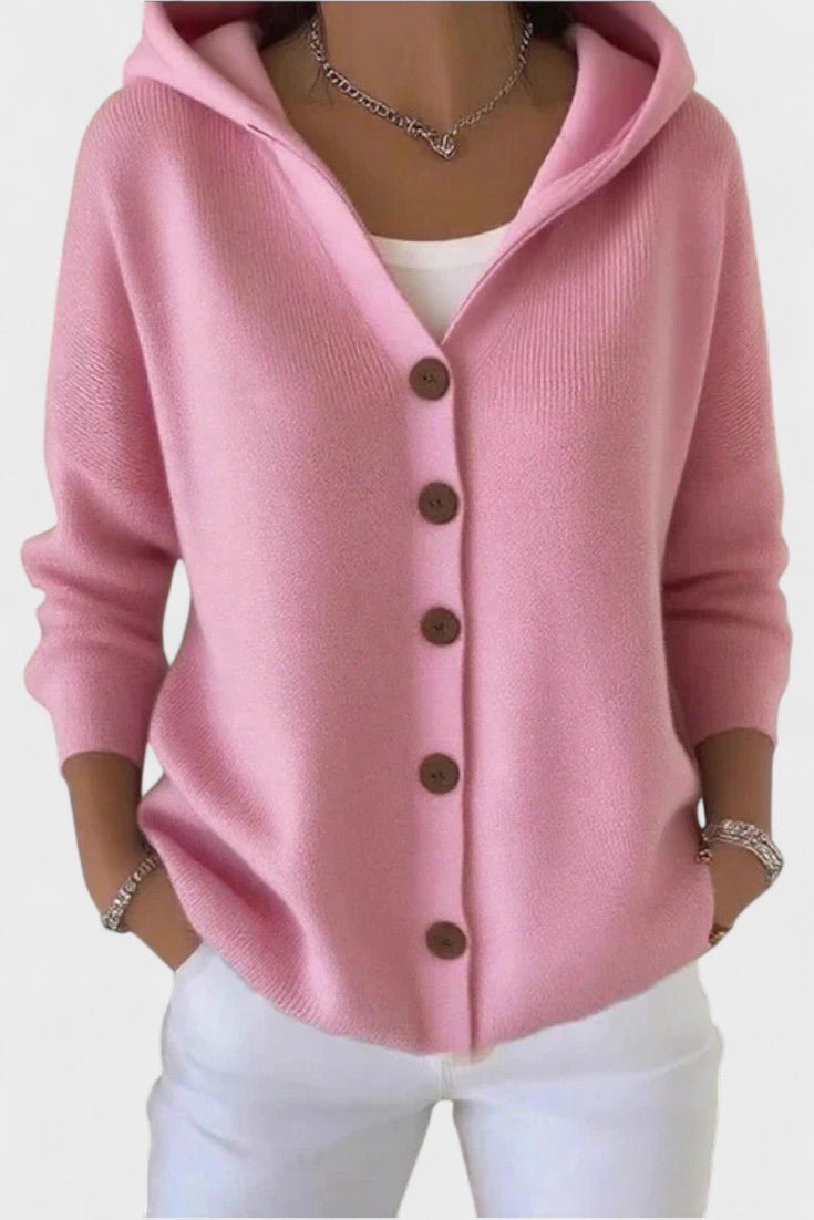 Women's hooded button cardigan with long sleeves and ribbed knit texture