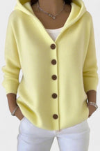 Women's hooded button cardigan with long sleeves and ribbed knit texture