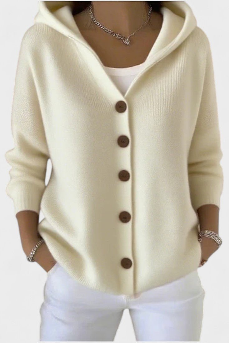 Women's hooded button cardigan with long sleeves and ribbed knit texture