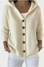 Women's hooded button cardigan with long sleeves and ribbed knit texture