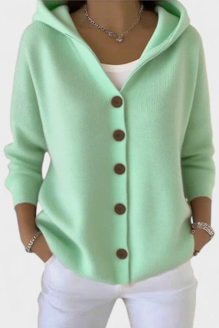 Women's hooded button cardigan with long sleeves and ribbed knit texture