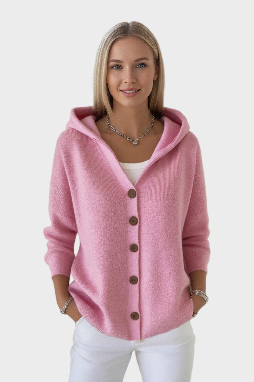 Women's hooded button cardigan with long sleeves and ribbed knit texture