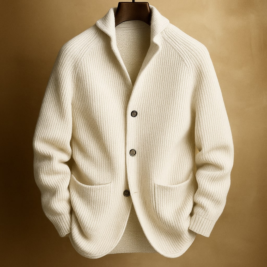 Men's ribbed shawl-collar cardigan with button front and two pockets