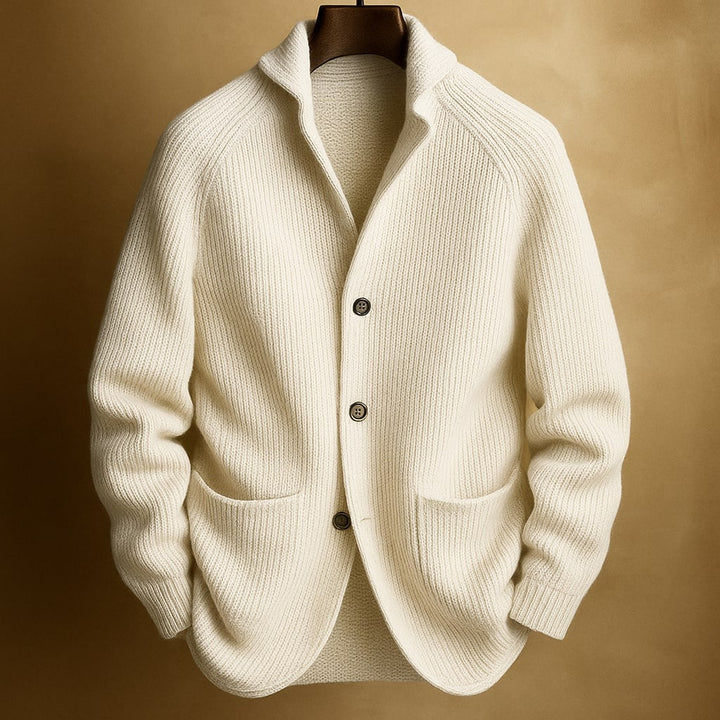 Men's ribbed shawl-collar cardigan with button front and two pockets