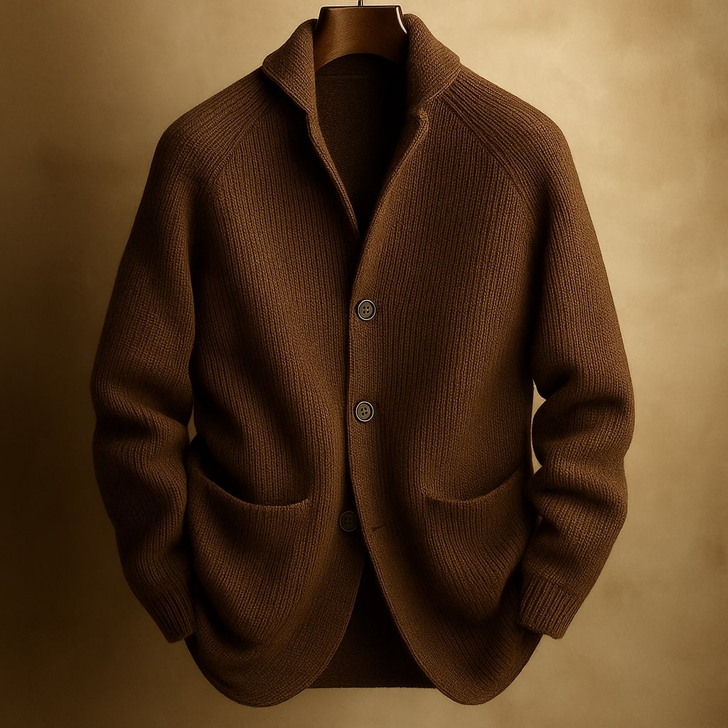 Men's ribbed shawl-collar cardigan with button front and two pockets