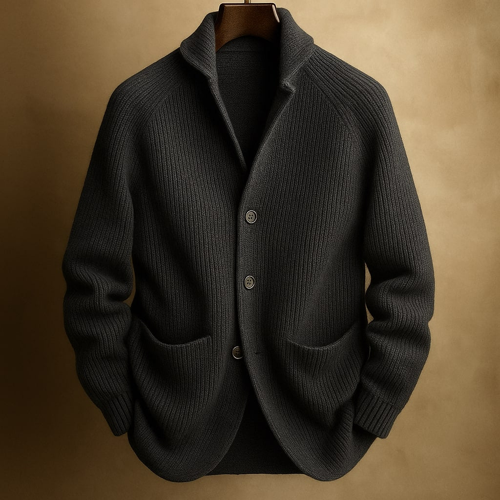 Men's ribbed shawl-collar cardigan with button front and two pockets