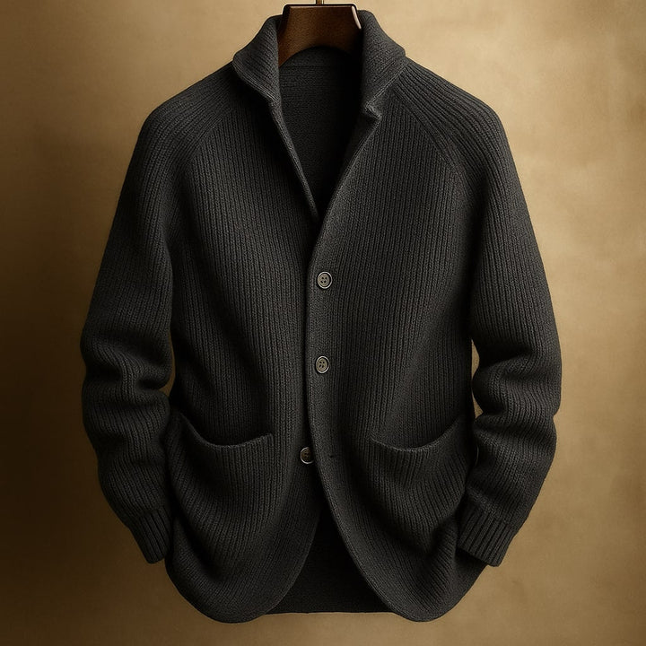 Men's ribbed shawl-collar cardigan with button front and two pockets
