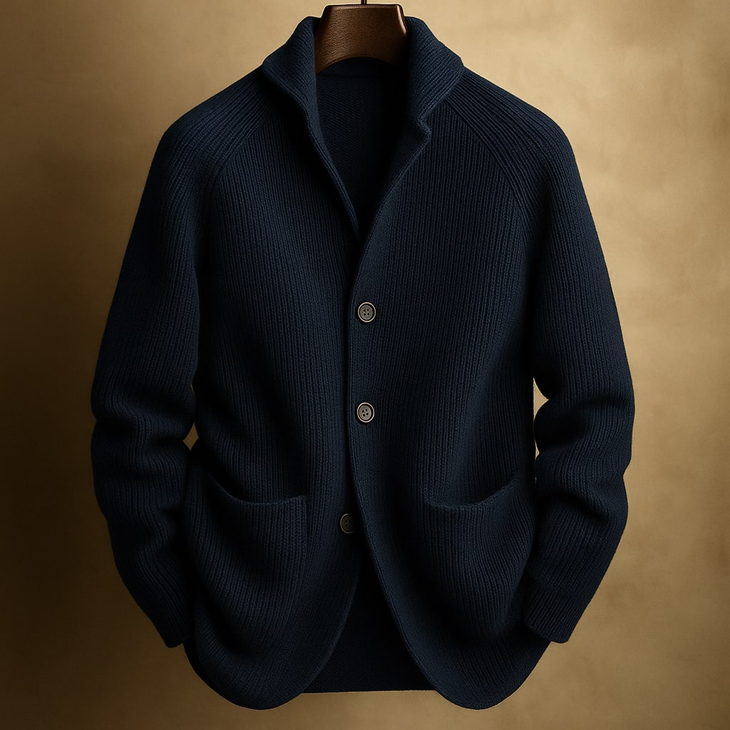 Men's ribbed shawl-collar cardigan with button front and two pockets