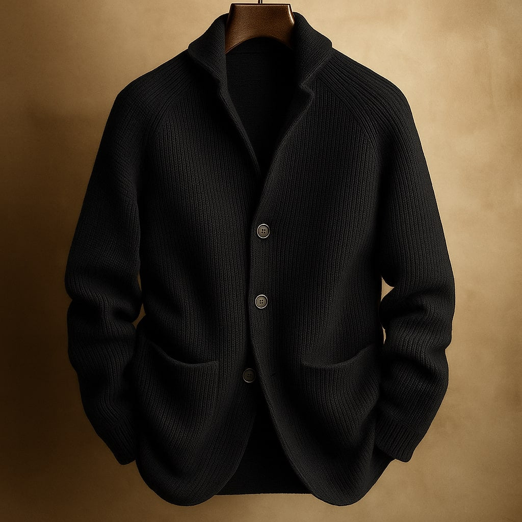 Men's ribbed shawl-collar cardigan with button front and two pockets
