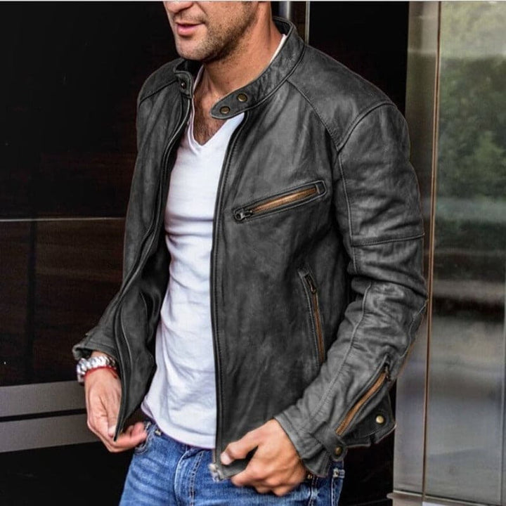 Men's stand-collar jacket with long sleeves, front zip and multiple zipped pockets