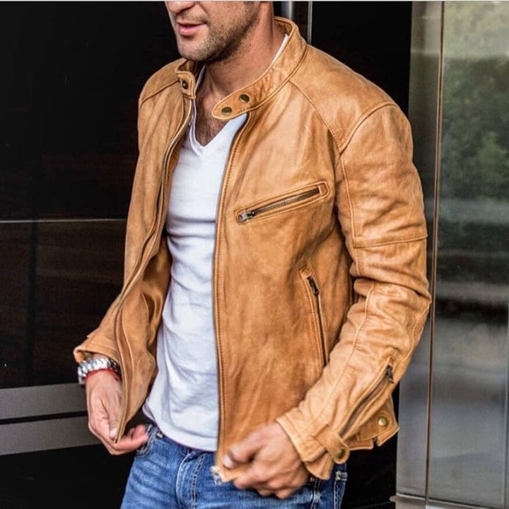 Men's stand-collar jacket with long sleeves, front zip and multiple zipped pockets