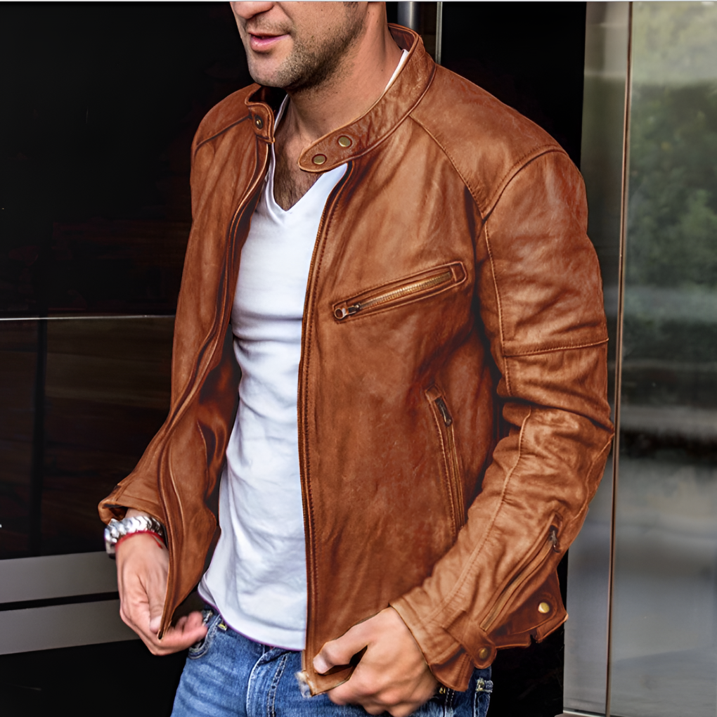 Men's stand-collar jacket with long sleeves, front zip and multiple zipped pockets
