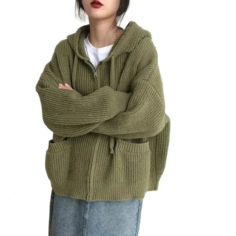 Women's hooded rib knit zip cardigan with long sleeves and front pockets