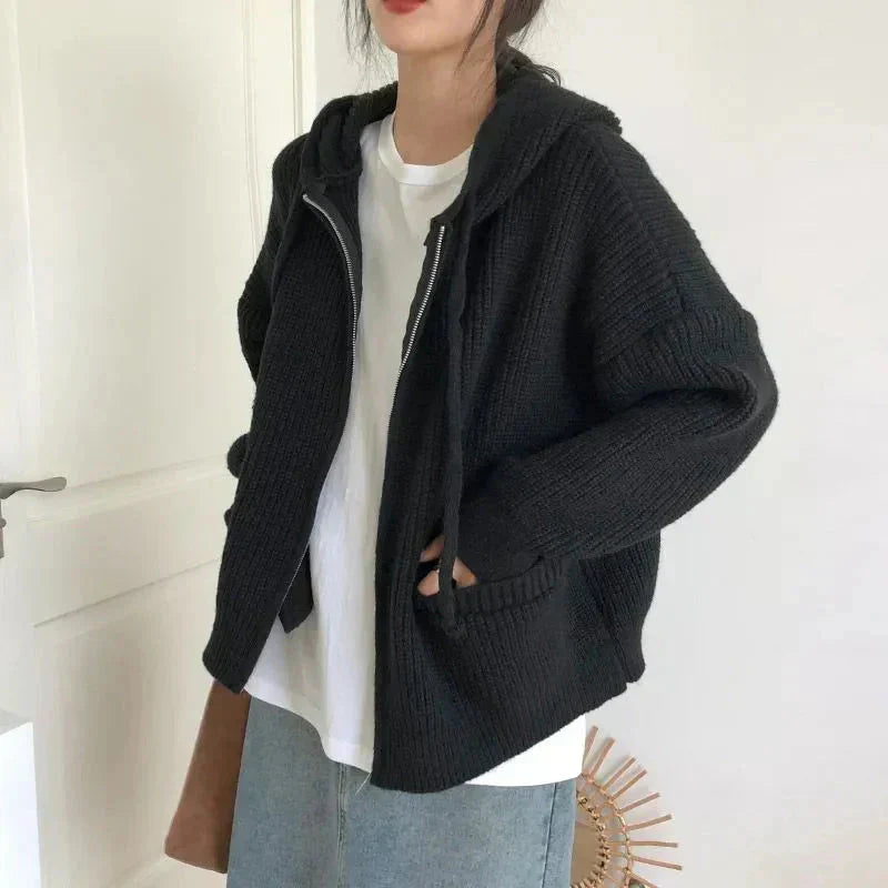 Women's hooded rib knit zip cardigan with long sleeves and front pockets
