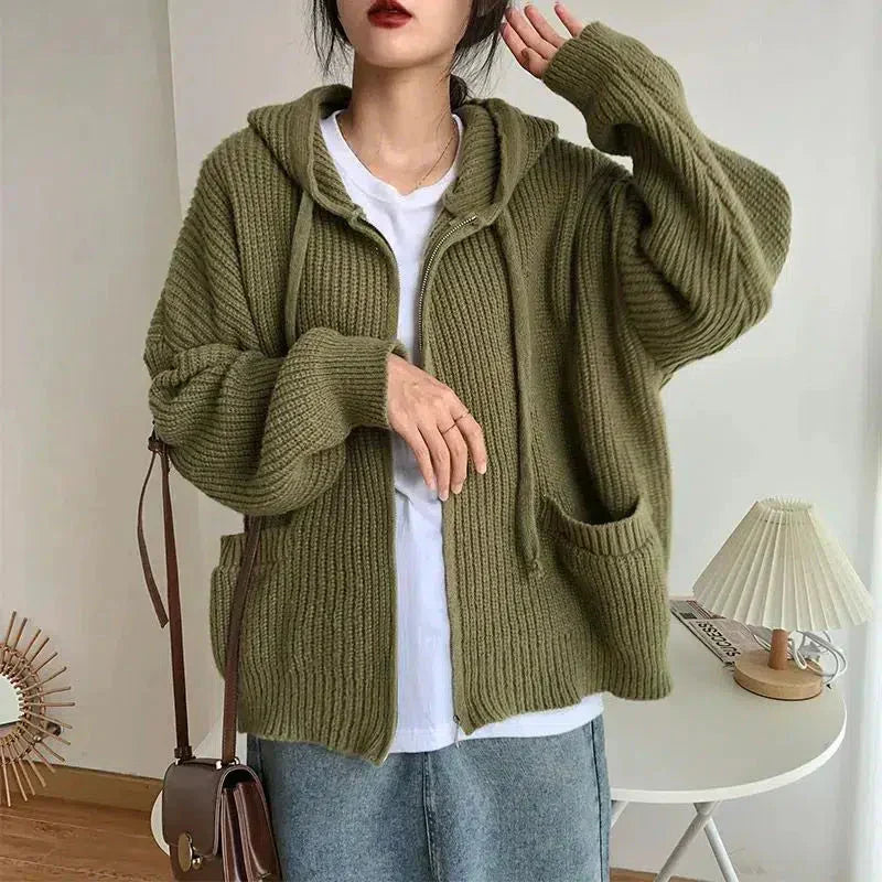 Women's hooded rib knit zip cardigan with long sleeves and front pockets