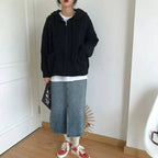 Women's hooded rib knit zip cardigan with long sleeves and front pockets
