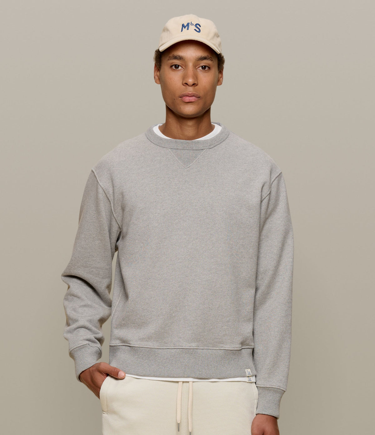 Men's grey crew neck sweatshirt with long sleeves and ribbed trims