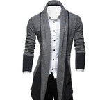 Men's longline textured cardigan with shawl collar and contrasting panels