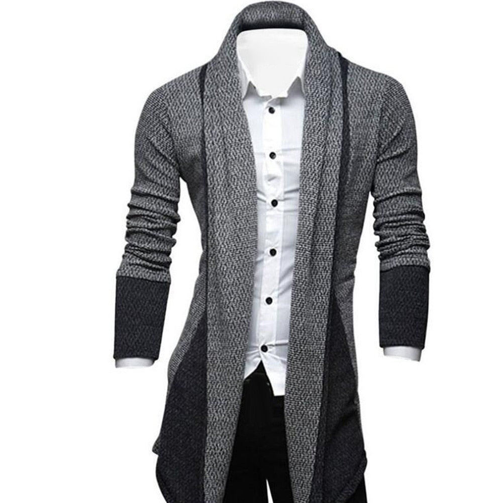 Men's longline textured cardigan with shawl collar and contrasting panels