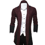 Men's longline textured cardigan with shawl collar and contrasting panels