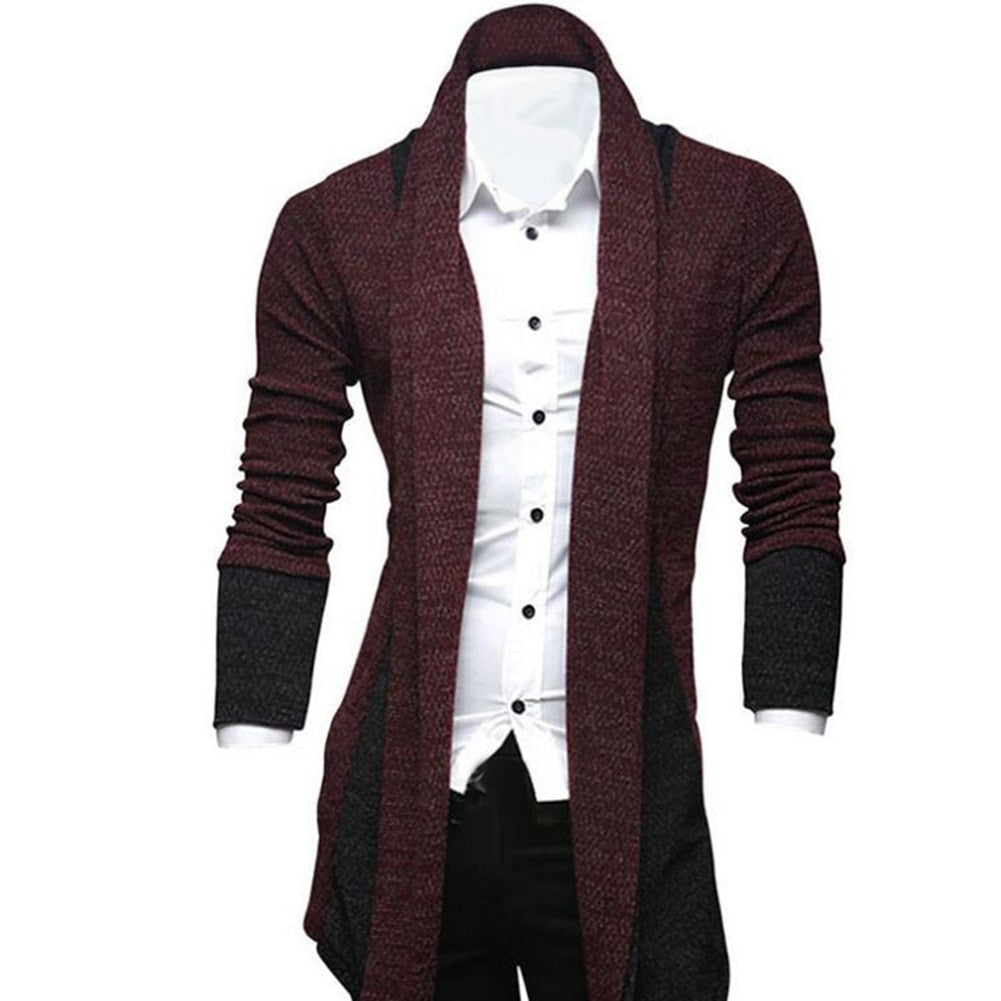 Men's longline textured cardigan with shawl collar and contrasting panels