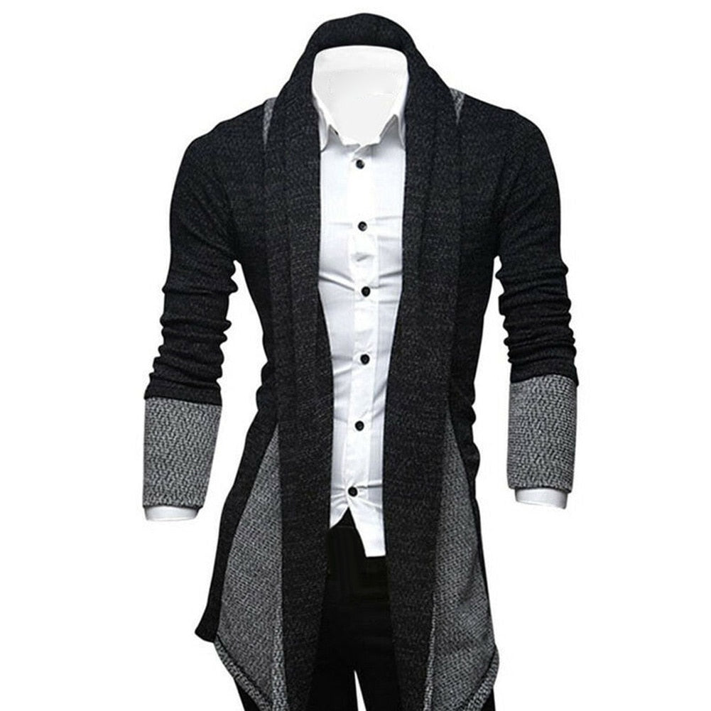 Men's longline textured cardigan with shawl collar and contrasting panels