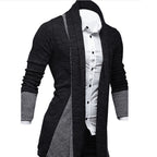 Men's longline textured cardigan with shawl collar and contrasting panels