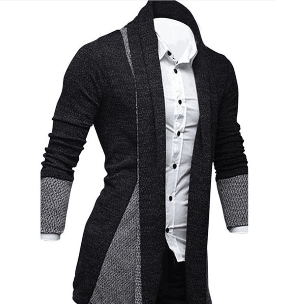 Men's longline textured cardigan with shawl collar and contrasting panels
