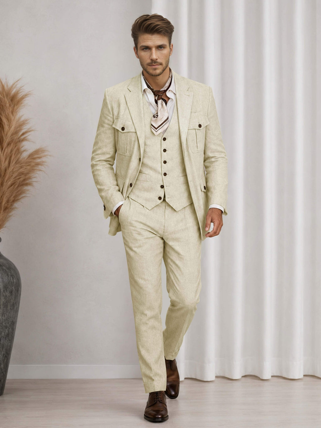 Men's three-piece suit with notch-lapel jacket, buttoned waistcoat and matching trousers