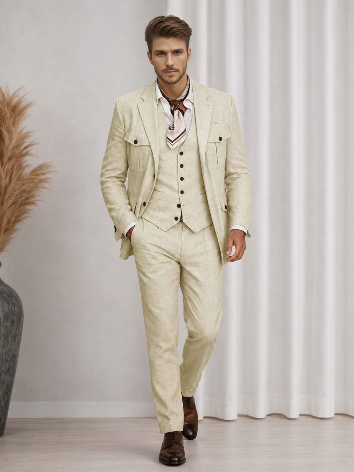 Men's three-piece suit with notch-lapel jacket, buttoned waistcoat and matching trousers