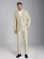 Men's three-piece slim fit suit with notch lapel jacket, button waistcoat and matching trousers