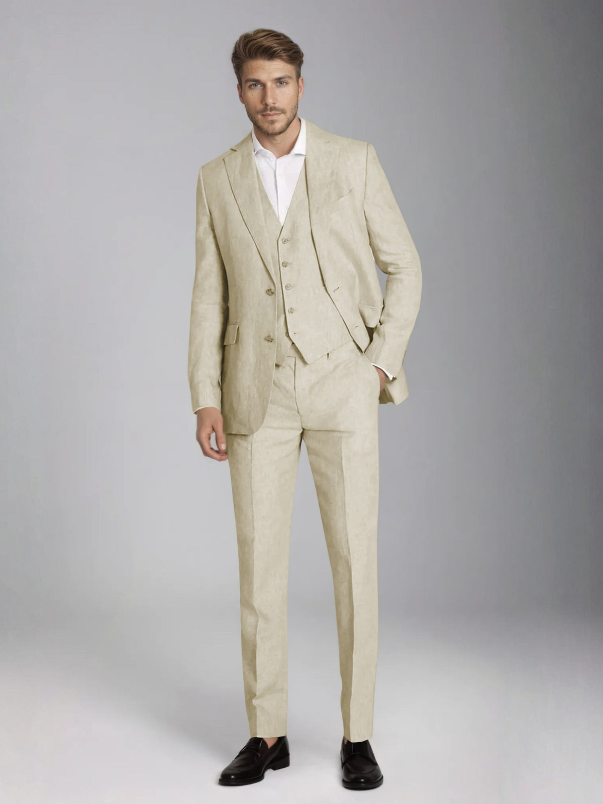 Men's three-piece slim fit suit with notch lapel jacket, button waistcoat and matching trousers