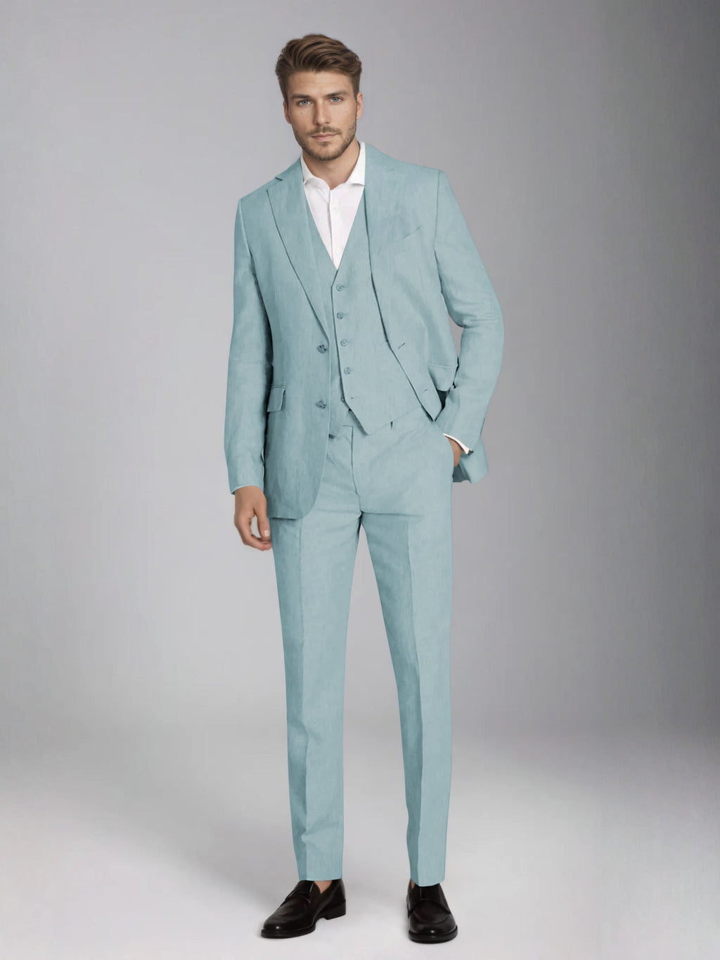 Men's three-piece slim fit suit with notch lapel jacket, button waistcoat and matching trousers