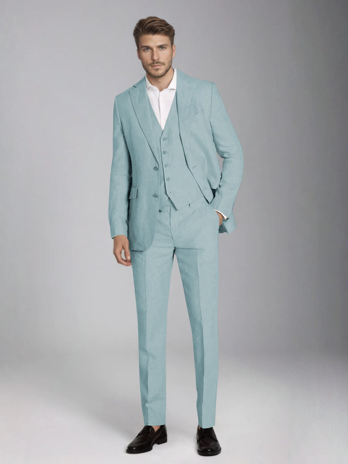 Men's three-piece slim fit suit with notch lapel jacket, button waistcoat and matching trousers